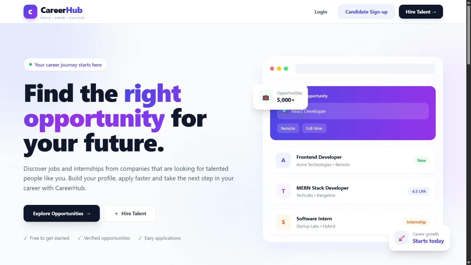 Screenshot of the CareerHub job platform interface.