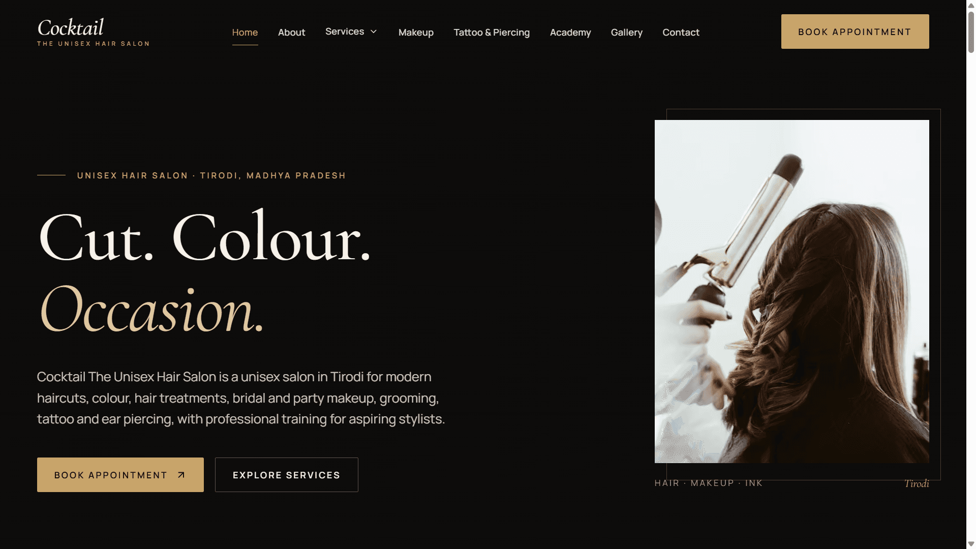 Cocktail The Unisex Hair Salon homepage: serif headline “Cut. Colour. Occasion.” beside a photo of hair being curled, with a gold “Book appointment” button.